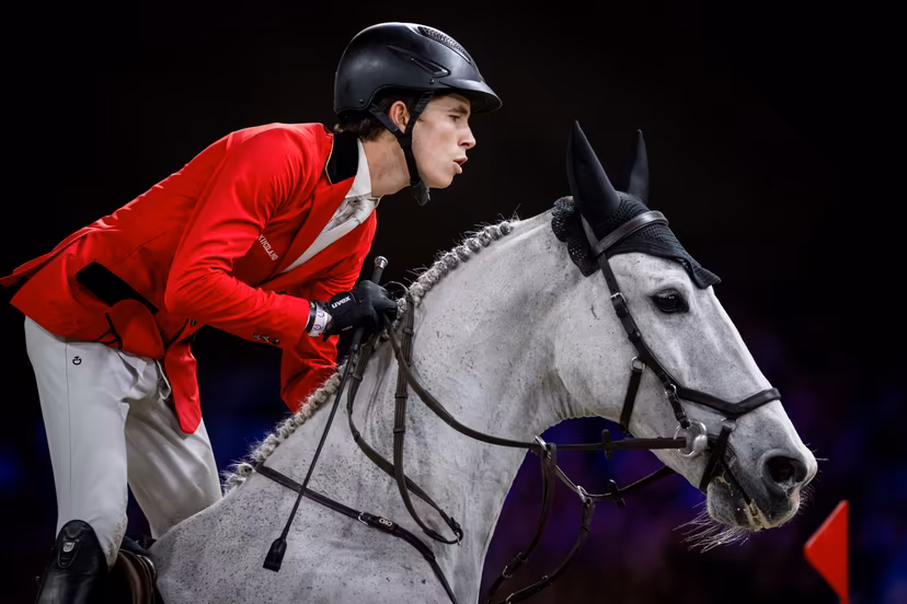Belgian rider Thibeau Spits with King van Essene pictured in action during the FEI World Cup Jumping competition at the 'Vlaanderens Kerstjumping - Memorial Eric Wauters' equestrian event in Mechelen on Saturday 30 December 2023. BELGA PHOTO JASPER JACOBS