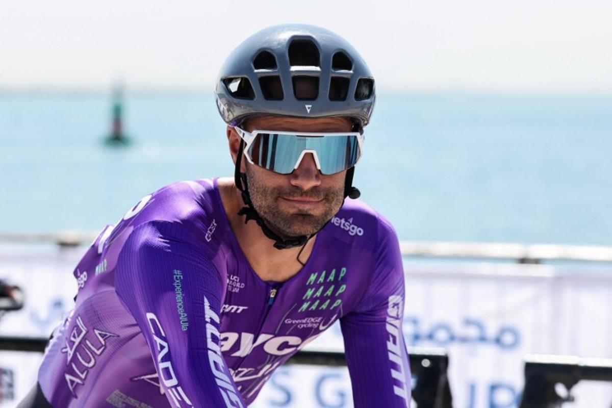 Team Jayco Alula's Slovenian rider Luka Mezgec prepares for the third stage of the UAE Tour cycling event from Umm al-Quwain to Jebel Mobrah in Umm al-Quwain on February 18, 2026. Fadel SENNA / AFP