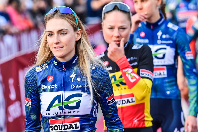Slovenian Urska Zigart of AG Insurance-Soudal Team pictured during the team presentations ahead of the 'Strade Bianche' one day cycling race from and to Siena, Italy, Friday 06 March 2026. BELGA PHOTO DIRK WAEM