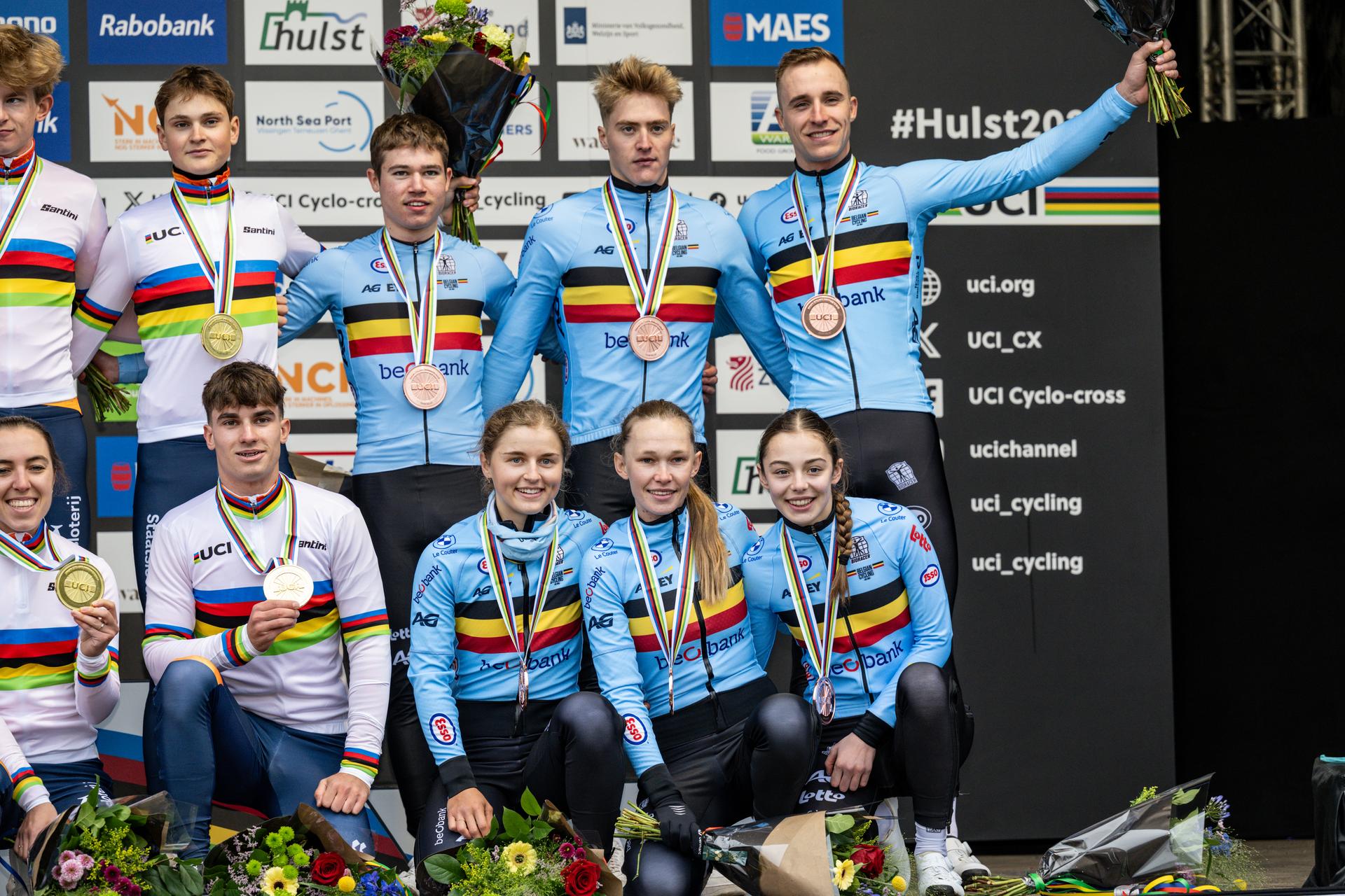 Belgian riders, winner of the bronze medal pictured on the podium of the Team Relay race at the UCI Cyclocross World Championships, on Friday 30 January 2026, in Hulst, The Netherlands. BELGA PHOTO DAVID PINTENS