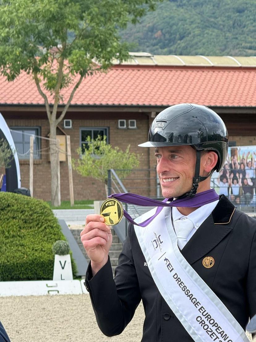 ATTENTION EDITORS - HAND OUT PICTURES - EDITORIAL USE ONLY - MANDATORY CREDIT 'WENDY LAEREMANS' This handout picture, distributed by Wendy Laeremans, shows Justin Verboomen, who won a Gold medal with Zonik Plus in the Grand Prix Special at the European Championship in Crozet, on Friday 29 August 2025. Verboomen and Zonik won with a score of 82.371% ahead of Denmark's Cathrine Laudrup-Dufour and Isabell Werth. BELGA PHOTO WENDY LAEREMANS *** Belga and Belga Editorial Board decline all responsibility regarding the content of this picture. ***