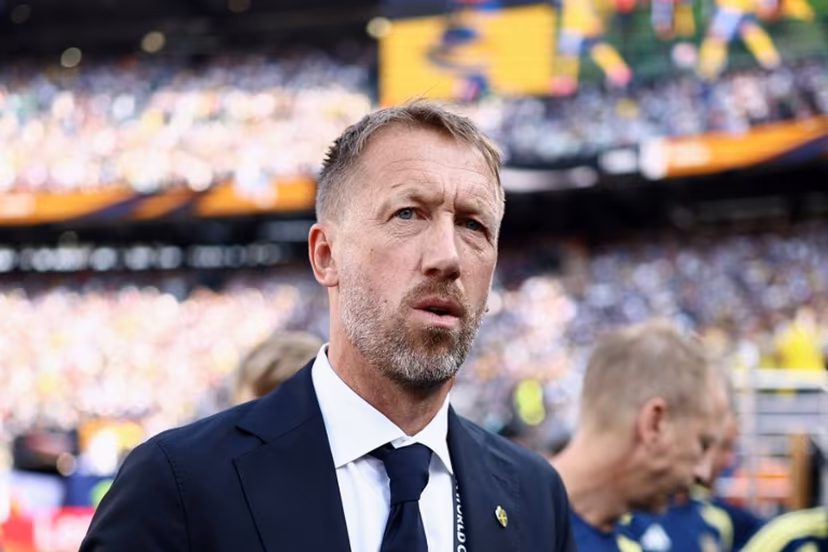 Sweden's English head coach Graham Potter gestures ahead of the 2026 World Cup round of 32 football match between France and Sweden at the New York/New Jersey Stadium in East Rutherford on June 30, 2026. CHARLY TRIBALLEAU / AFP