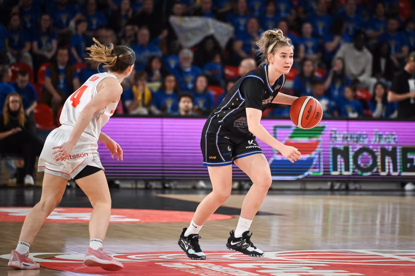 Castors' Anna Gret Asi pictured in action during a basketball match between Royal Castors Braine and Basket Namur Capitale, Sunday 22 March 2026 in Charleroi, the final of the women's Belgian 2026 Basketball Cup. BELGA PHOTO ELIAS ROM