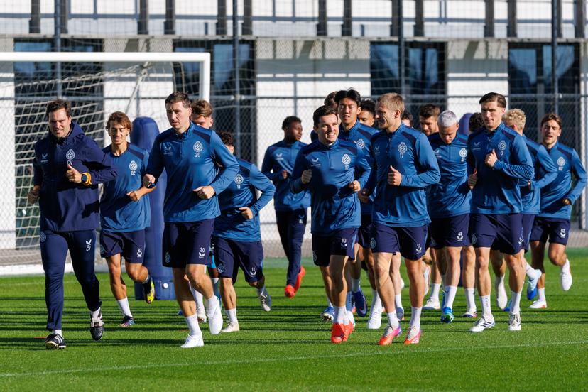 Club's players pictured in action during a training session of Belgian soccer team Club Brugge KV, Monday 12 October 2026 in Knokke-Heist. Club is preparing for the the UEFA Champions League league phase game against Italian Inter Milan. BELGA PHOTO KURT DESPLENTER