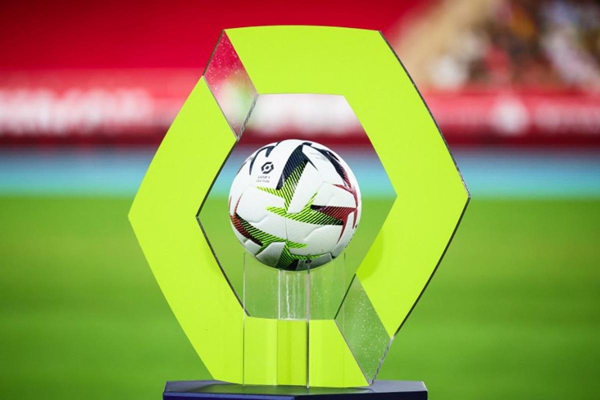 The ball is displayed before the French L1 football match between AS Monaco and RC Lens at the Louis II Stadium (Stade Louis II) in the Principality of Monaco on September 2, 2023. CLEMENT MAHOUDEAU / AFP