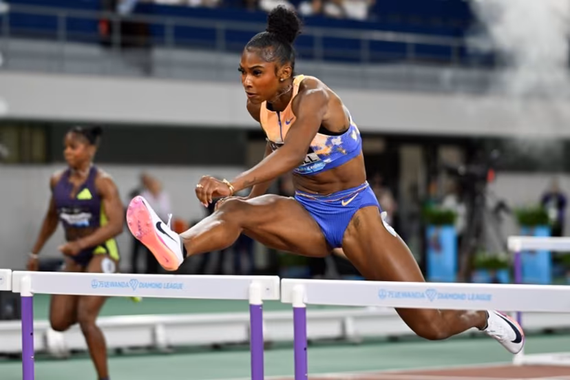 USA's Masai Russell competes in the women's 100m hurdles event during the Shanghai/Keqiao Diamond League athletics meeting in Keqiao, Shaoxing in China's eastern Zhejiang province on May 16, 2026. WANG Zhao / AFP