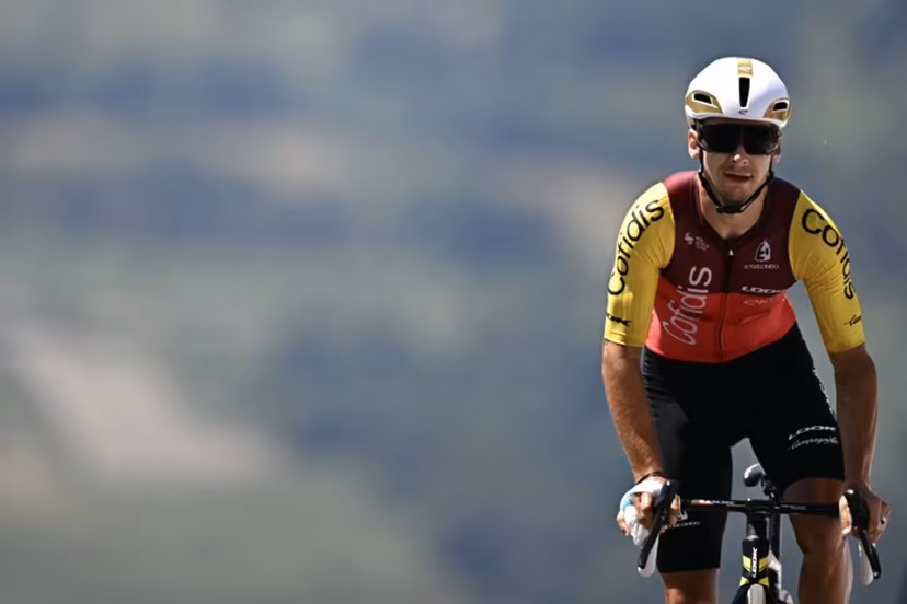 Cofidis team's French rider Bryan Coquard cycles to the finish line of the 13th stage of the 112th edition of the Tour de France cycling race, 10.9 km individual time trial between Loudenvielle and Peyragudes, in the Pyrenees mountains of southwestern France, on July 18, 2025. Loic VENANCE / AFP