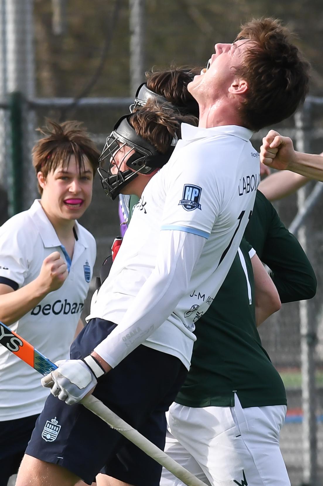 Oree's Hugo Labouchere celebrates after scoring during a hockey game between Waterloo Ducks and Royal Oree, Sunday 23 March 2025 in Waterloo, on day 14 of the Belgian first division hockey championship. BELGA PHOTO JILL DELSAUX