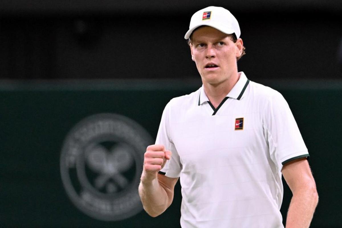 Italy's Jannik Sinner celebrates beating Japan's Shintaro Mochizuki during their men's singles round of 16 tennis match on the seventh day of the 2026 Wimbledon Championships at The All England Lawn Tennis and Croquet Club in Wimbledon, southwest London, on July 5, 2026. Kirill KUDRYAVTSEV / AFP