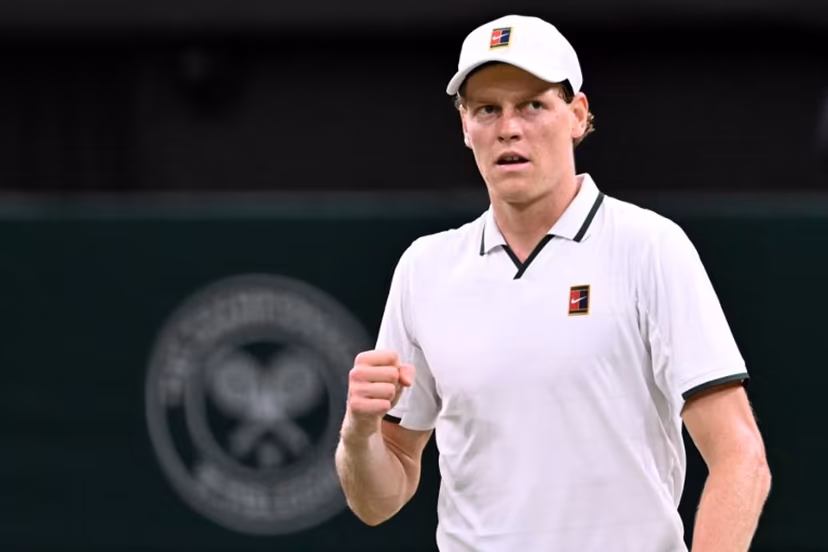 Italy's Jannik Sinner celebrates beating Japan's Shintaro Mochizuki during their men's singles round of 16 tennis match on the seventh day of the 2026 Wimbledon Championships at The All England Lawn Tennis and Croquet Club in Wimbledon, southwest London, on July 5, 2026. Kirill KUDRYAVTSEV / AFP
