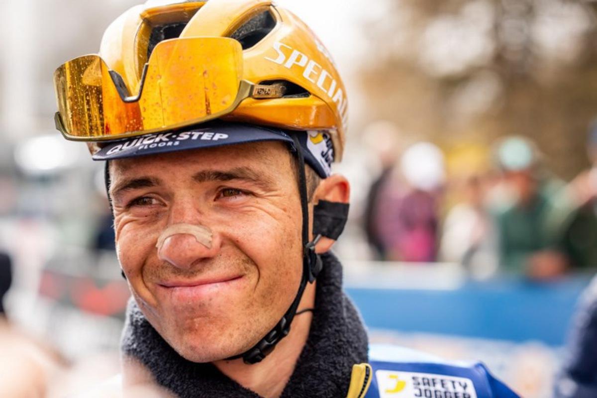 Soudal Quick-Step team's Belgian cyclist Remco Evenepoel is interviewed after competing in the fourth stage of the Tour of Romandie UCI cycling World tour, a 128,4 km from Sion to Thyon 2000, in Thyon, on May 3, 2025. Maxime SCHMID / AFP