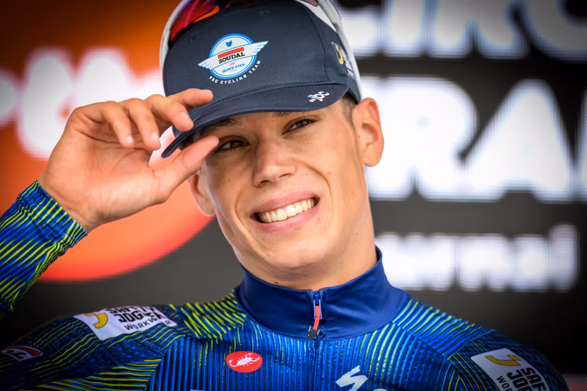 French Paul Magnier of Soudal Quick-Step pictured on the podium after the Circuit Franco-Belge cycling race, 195,6 km from Tournai to Mont-de-l'Enclus, stage 6 (out of 9) of the Lotto Cycling Cup, on Wednesday 10 June 2026. BELGA PHOTO DAVID PINTENS