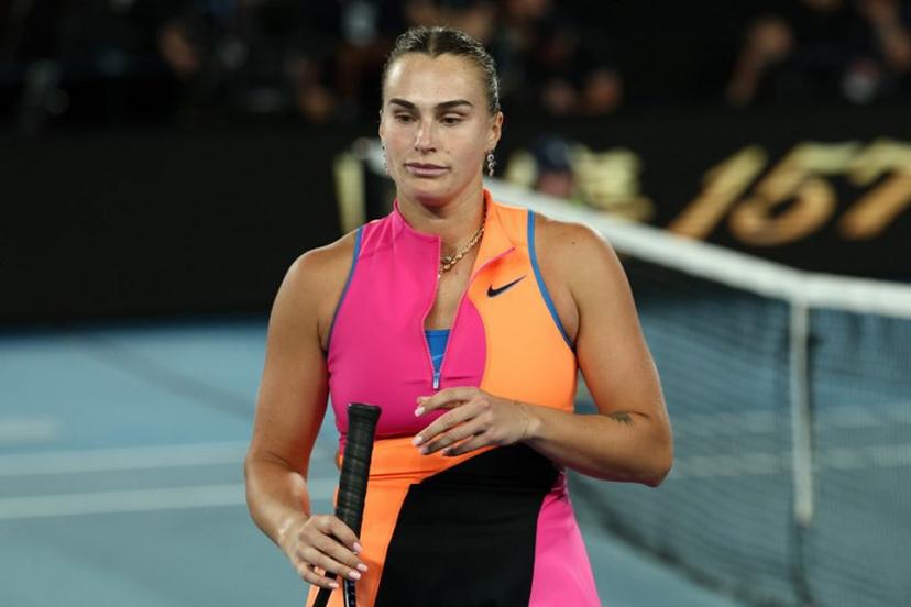 Belarus' Aryna Sabalenka reacts after defeat against Kazakhstan's Elena Rybakina during their women's singles final match on day fourteen of the Australian Open tennis tournament in Melbourne on January 31, 2026. IZHAR KHAN / AFP