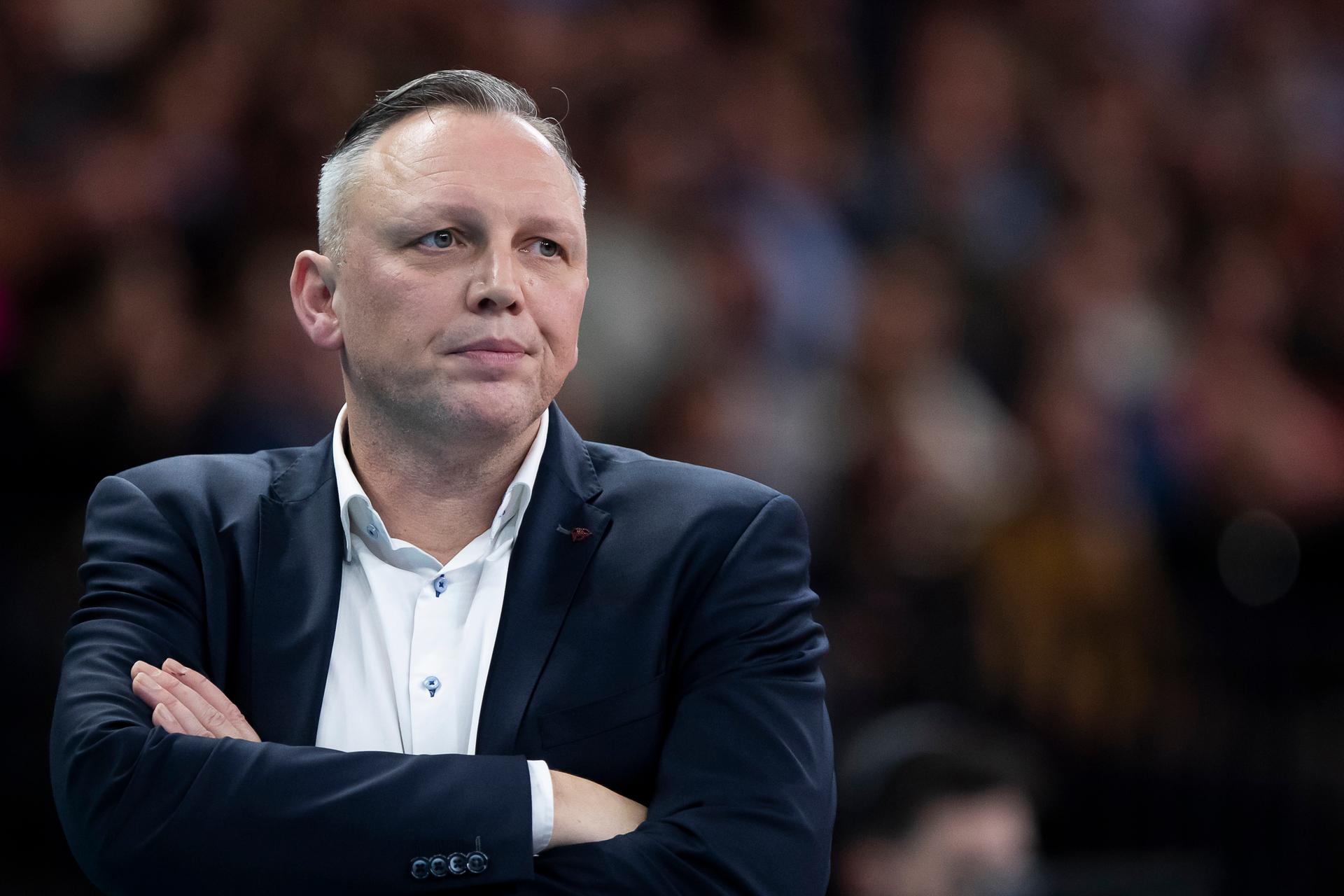 Menen's head coach Frank Depestele pictured during the match between Descospan Menen and Knack Roeselare, the final match in the women Belgian volleyball cup competition, Saturday 10 February 2024 in Merksem, Antwerp. BELGA PHOTO KRISTOF VAN ACCOM