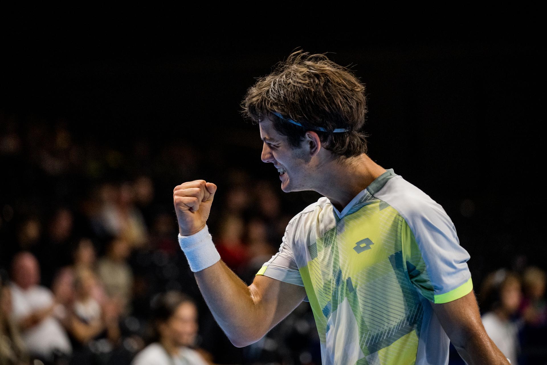 Belgian Gilles-Arnaud Bailly reacts during the European Open ATP tennis tournament in Brussels, on Tuesday 14 October 2025. This year's edition of the tournament is taking place from 12 to 19 October 2025. BELGA PHOTO JASPER JACOBS