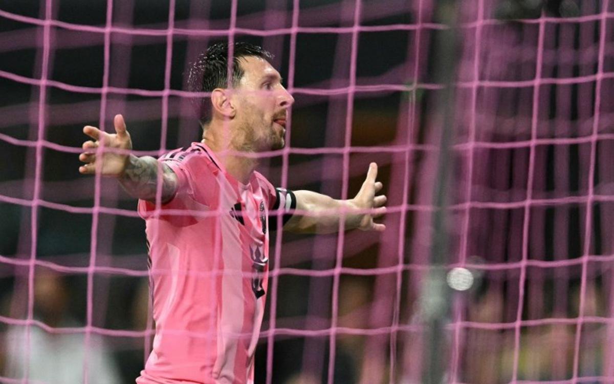 Inter Miami's Argentine forward #10 Lionel Messi celebrates after scoring his team's third goal during the Leagues Cup 2026 group-stage football match between Inter Miami CF and Atletico de San Luis at NU Stadium in Miami, Florida, on August 5, 2026. CHANDAN KHANNA / AFP