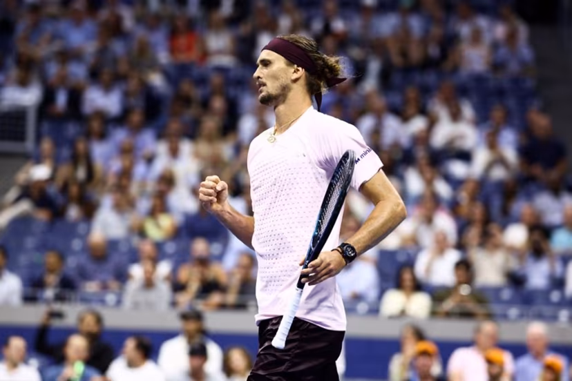 Germany's Alexander Zverev celebrates deafeating Netherlands' Botic van de Zandschulp during the men's singles quarter-final tennis match on day eleven of the US Open tennis tournament at the USTA Billie Jean King National Tennis Center in New York City on September 9, 2026. CHARLY TRIBALLEAU / AFP