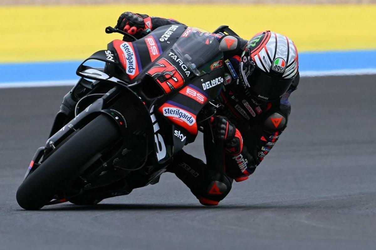 Aprilia Racing's Italian rider Marco Bezzecchi competes during the MotoGP practice session of the Grand Prix of Brazil at the Ayrton Senna International racetrack in Goiania, state of Goias, Brazil, on March 20, 2026. EVARISTO SA / AFP