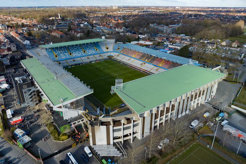 Aerial drone picture shows the Jan Breydelstadion stadium after a soccer match between Club Brugge KV and KAA Gent, Sunday 26 February 2023 in Brugge, on day 27 of the 2022-2023 'Jupiler Pro League' first division of the Belgian championship. BELGA PHOTO KURT DESPLENTER