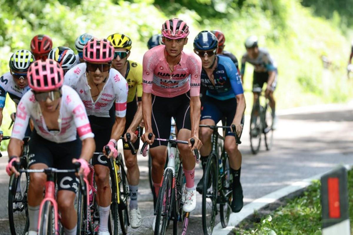 UAE Team Emirates XRG's Mexican rider Isaac Del Toro (C) rides during the 16th stage of the 108th Giro d'Italia cycling race of 203kms from Piazzola sul Brenta to San Valentino on May 27, 2025. Luca Bettini / AFP