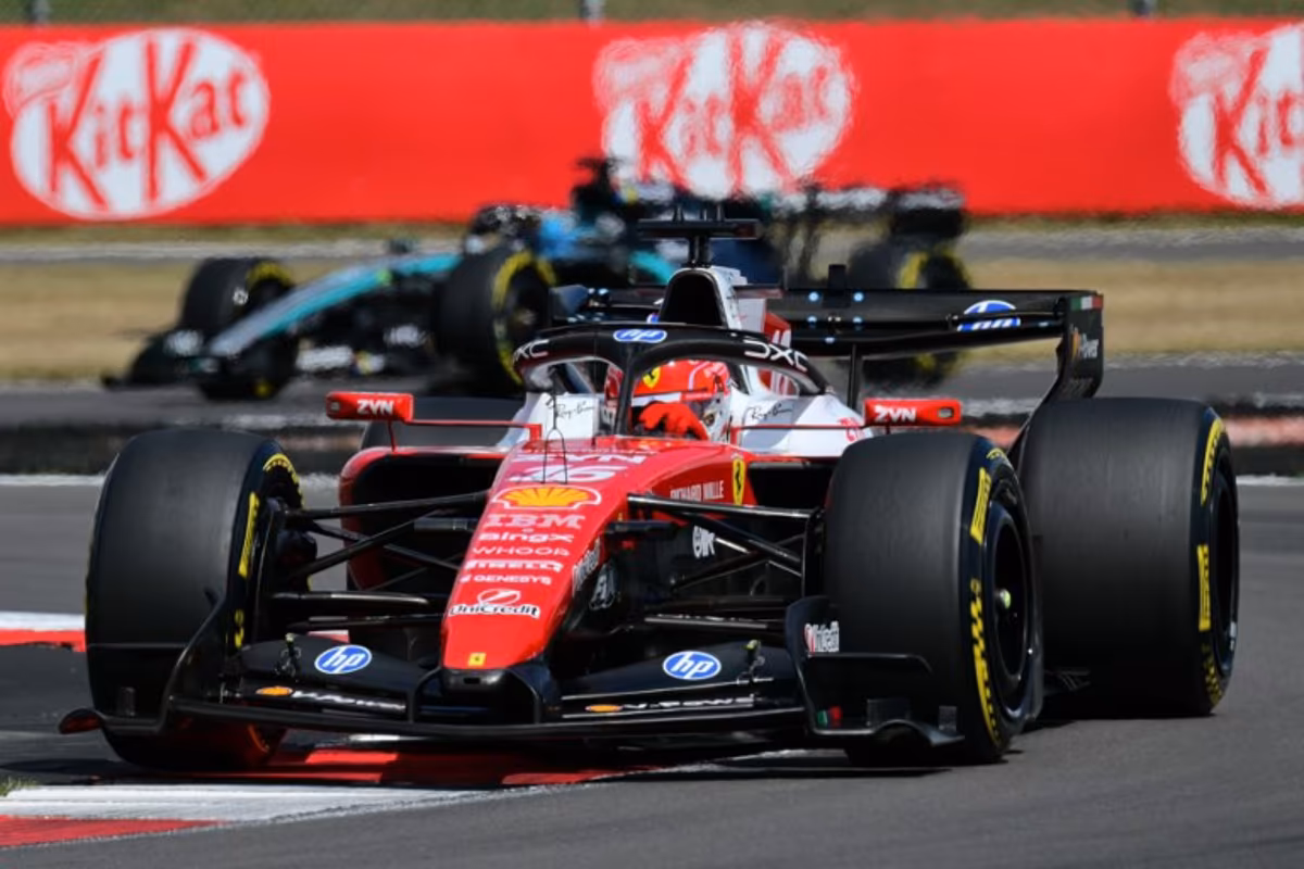 Ferrari's Monegasque driver Charles Leclerc leads during the Formula One British Grand Prix at the Silverstone motor racing circuit in Silverstone, central England, on July 5, 2026. Andrej ISAKOVIC / AFP