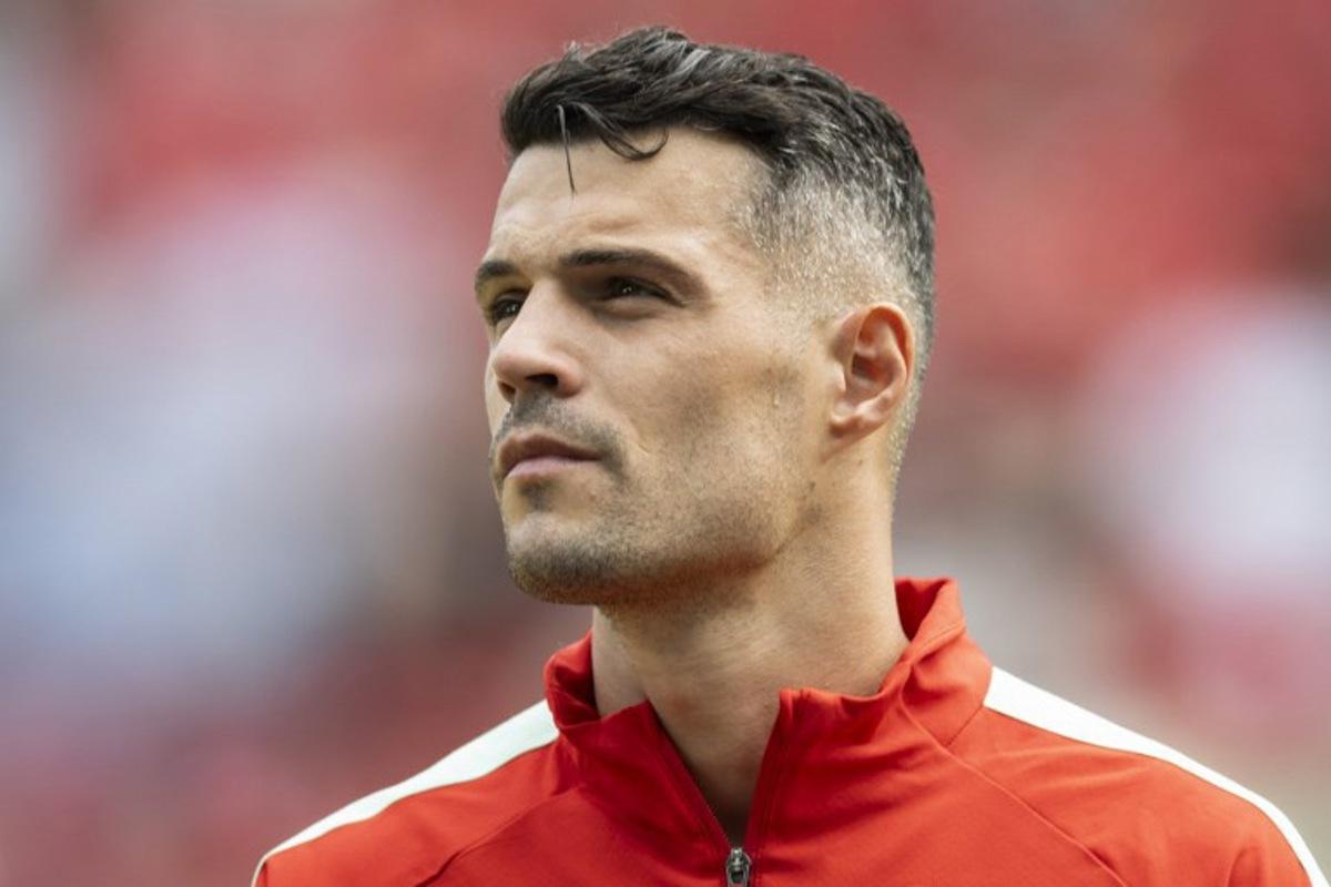 Switzerland's midfielder #10 Granit Xhaka poses prior to a friendly match between Switzerland and Jordan ahead of the 2026 FIFA World Cup football tournament at the Kybunpark stadium, in St. Gallen, on May 31, 2026. Ennio LEANZA / AFP