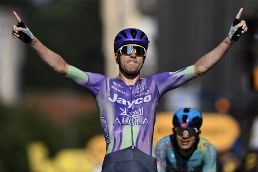 Team Jayco AlUla's Swiss rider Mauro Schmid cycles to the finish line ahead of XDS Astana Team's Colombian rider Harold Tejada (R) to win the 13th stage of the 113th edition of the Tour de France cycling race, 205,8 km between Dole and Belfort in eastern France, on July 17, 2026. Jeff PACHOUD / AFP