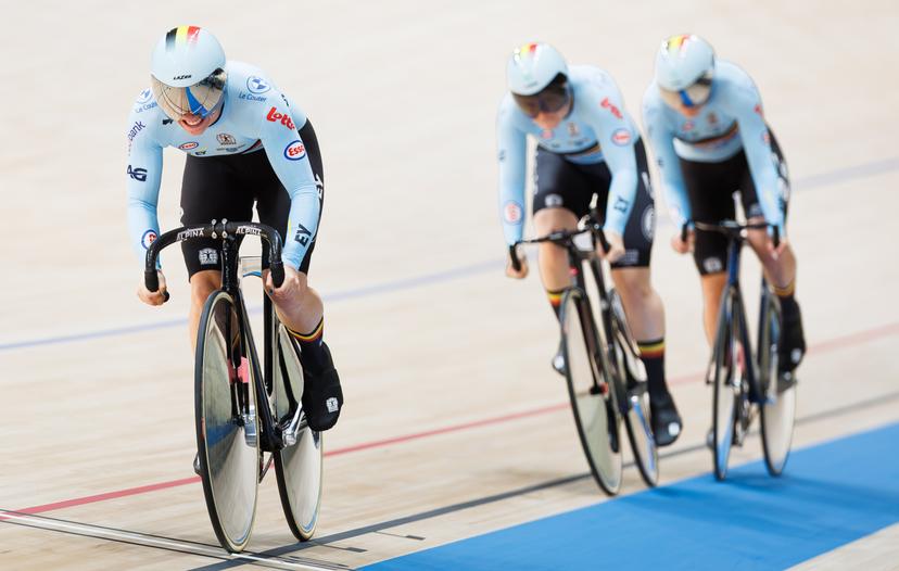 Belgian Elke Vanhoof; Belgian Nicky Degrendele and Belgian Zita Gheysens are pictured in action during the Women's Team Sprint event at the UCI Track Cycling World Championships in Shanghai, China on Wednesday 14 October 2026. The worlds are taking place from 14 to 18 October 2026. BELGA PHOTO BENOIT DOPPAGNE