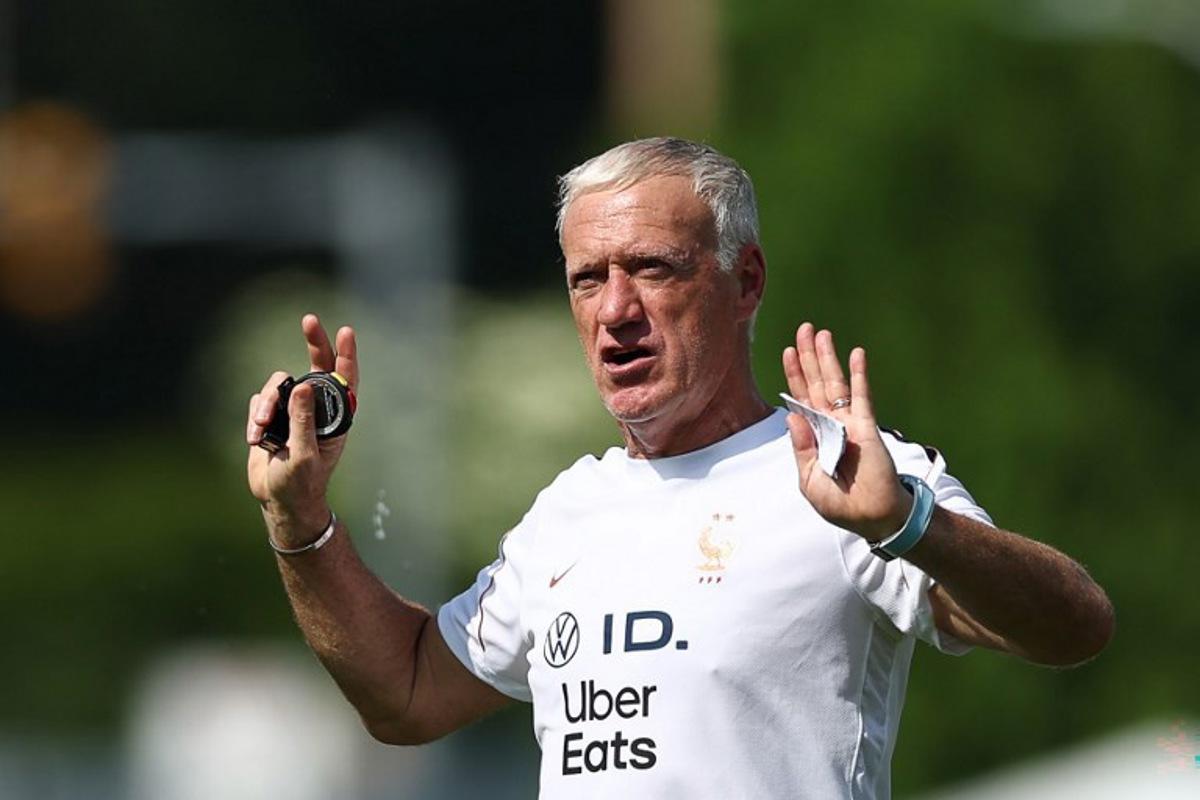 France's head coach Didier Deschamps gestures as he leads a training session at Bentley University, the team's base camp, during the 2026 World Cup football tournament in Waltham, near Boston, on June 12, 2026. FRANCK FIFE / AFP