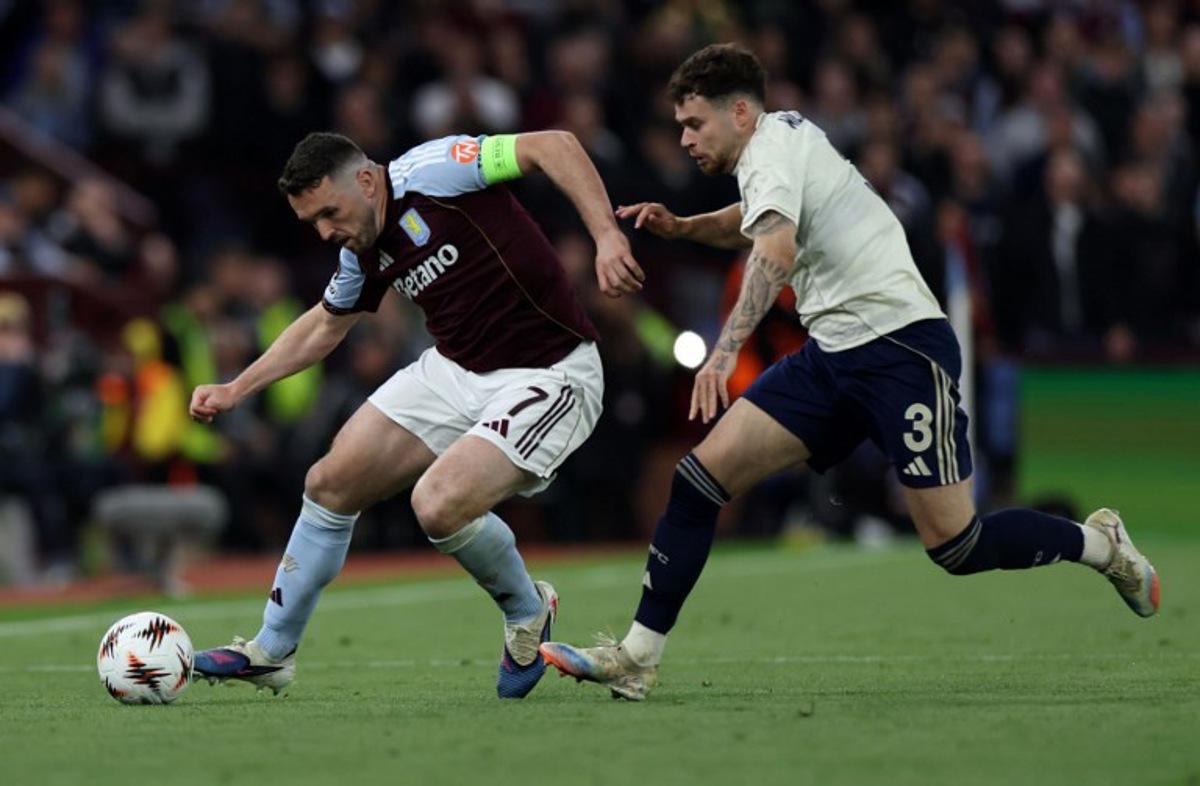 Nottingham Forest's Welsh defender #03 Neco Williams (R) vies with Aston Villa's Scottish midfielder #07 John McGinn during the UEFA Europa League, semi-final second-leg football match between Aston Villa and Nottingham Forest at Villa Park in Birmingham, central England on May 7, 2026. Darren Staples / AFP