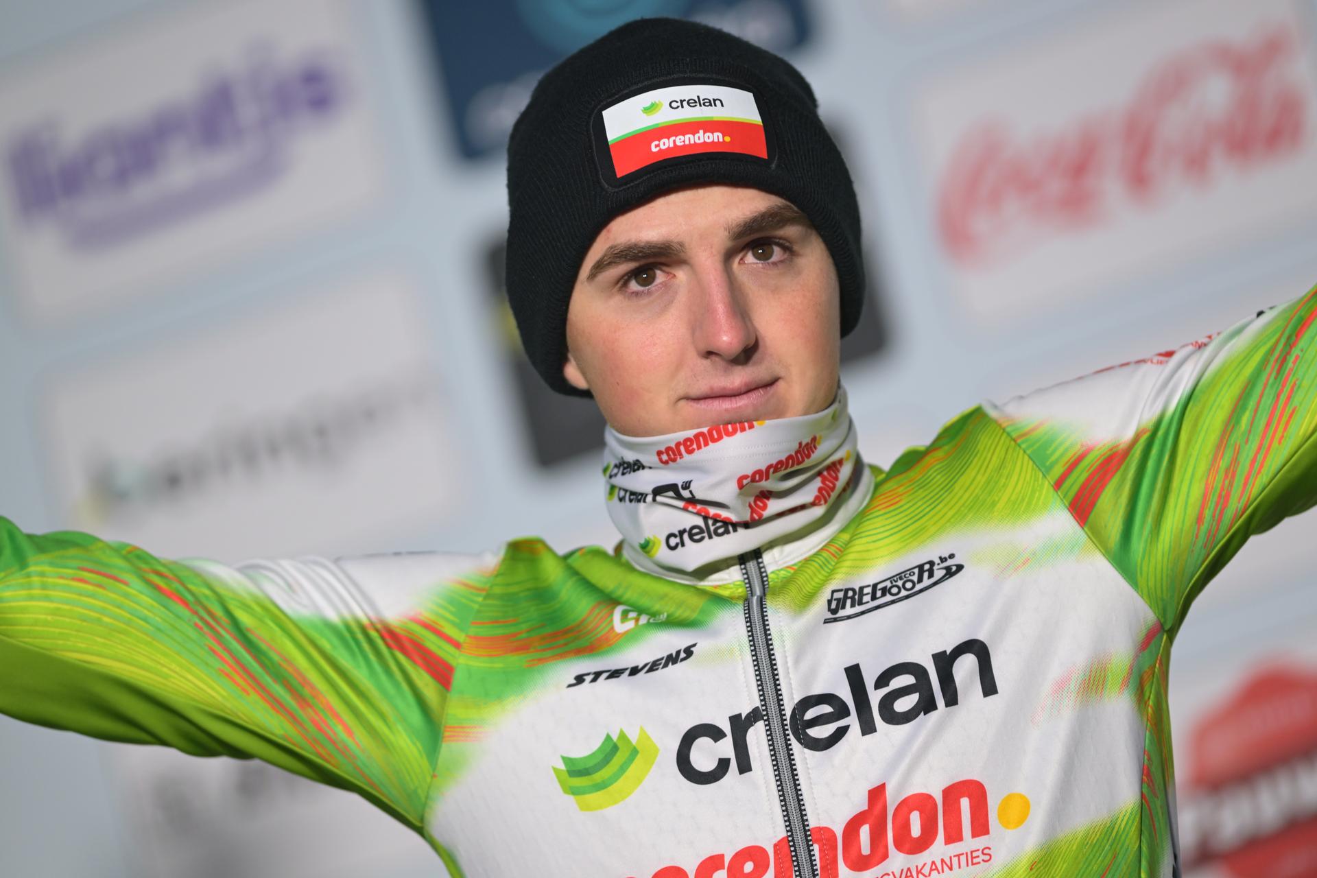 Belgian Emiel Verstrynge celebrates his second place on the podium after the Elite men race at the Belgian Cyclocross Championships in Beringen on Sunday 11 January 2026. BELGA PHOTO DAVID PINTENS