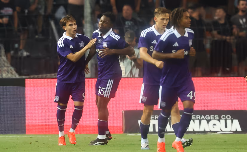 Anderlecht's Mihajlo Cvetkovic celebrates after scoring during at a game between Belgian first division soccer team RSC Anderlecht and Greek club Paok, in Thessaloniki, Greece, on Wednesday 05 August 2026. This is the first leg of a third qualifying round of the UEFA Europa League competition. BELGA PHOTO VIRGINIE LEFOUR