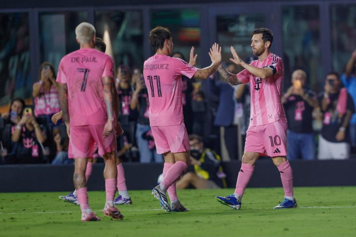 Inter Miami's Argentine forward Lionel Messi #10 celebrates his second goal during the Major League Soccer (MLS) non-conference regular season soccer match between Inter Miami CF and D.C United at Chase Stadium in Fort Lauderdale, Florida, on September 20, 2025. Chris Arjoon / AFP