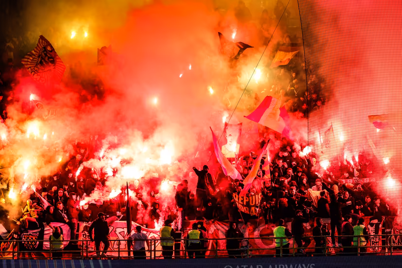 Lens' supporters are pictured during a soccer game between Belgian Club Brugge KV and French Racing Club de Lens, Wednesday 21 October 2026 in Brugge, on day three of the UEFA Champions League league phase. BELGA PHOTO BRUNO FAHY