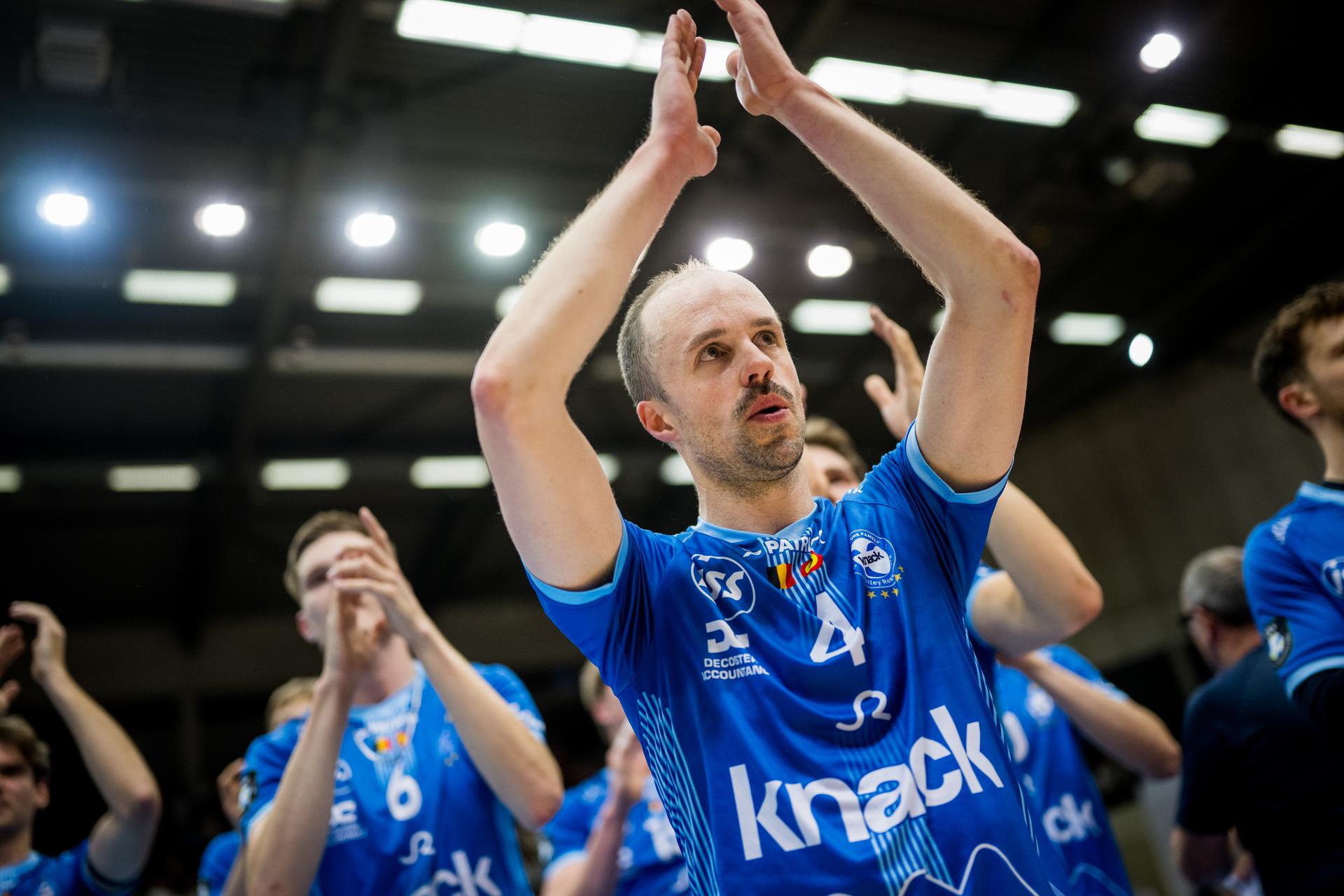 Roeselare's players celebrate after winning the match between Haasrode Leuven and Roeselare, a Play-off Final (4th game, best-of-5) game in the Lotto Volley League Men, Tuesday 13 May 2025 in Leuven. BELGA PHOTO JASPER JACOBS