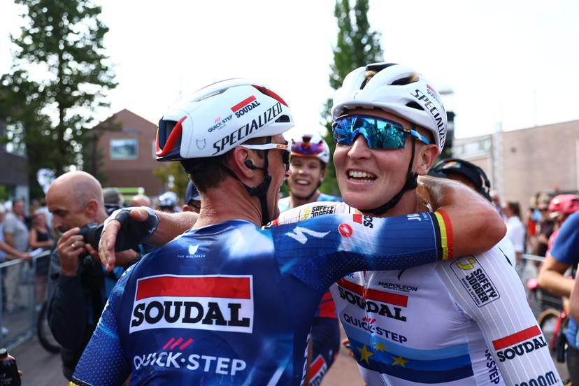 Belgian Tim Merlier of Soudal Quick-Step celebrates with a teammate after winning the first stage of the 'Renewi Tour' multi-stage cycling race, from Terneuzen to Breskens, The Netherlands (182,7 km) on Wednesday 20 August 2025. The five-day race takes place in Belgium and the Netherlands. BELGA PHOTO DAVID PINTENS