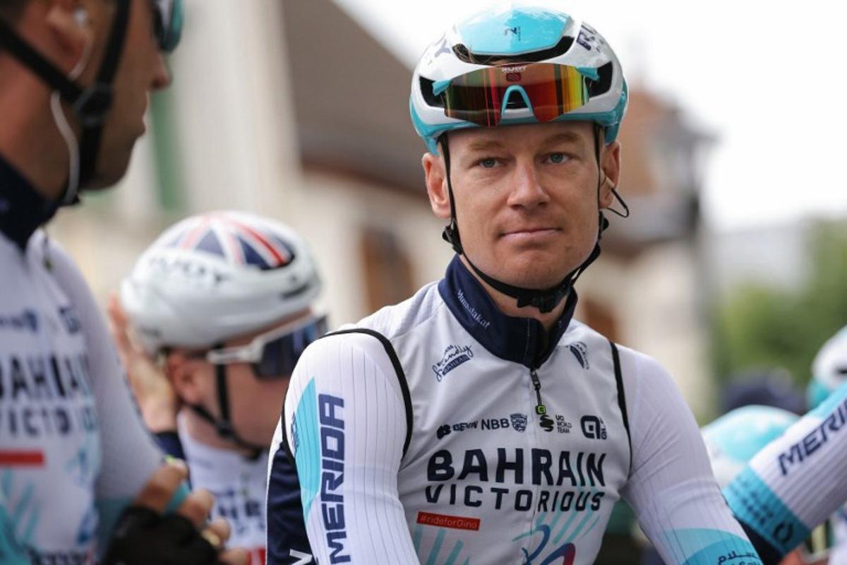 Team Bahrain's Australian rider Jack Haig looks on before competing in the first stage of the 76th edition of the Criterium du Dauphine cycling race, 172,5km between Saint-Pourcain-sur-Sioule and Saint-Pourcain-sur-Sioule, central France, on June 2, 2024. Thomas SAMSON / AFP