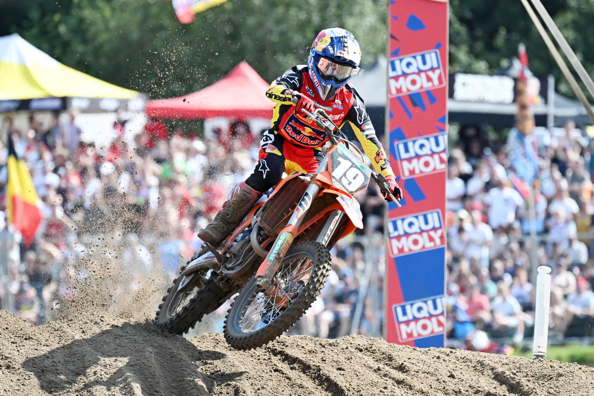 Belgian Sacha Coenen pictured in action during the MX2 race at the motocross MXGP Grand Prix Flanders event, race 14/20 of the FIM Motocross World Championship, Sunday 28 July 2024 in Lommel. BELGA PHOTO MAARTEN STRAETEMANS
