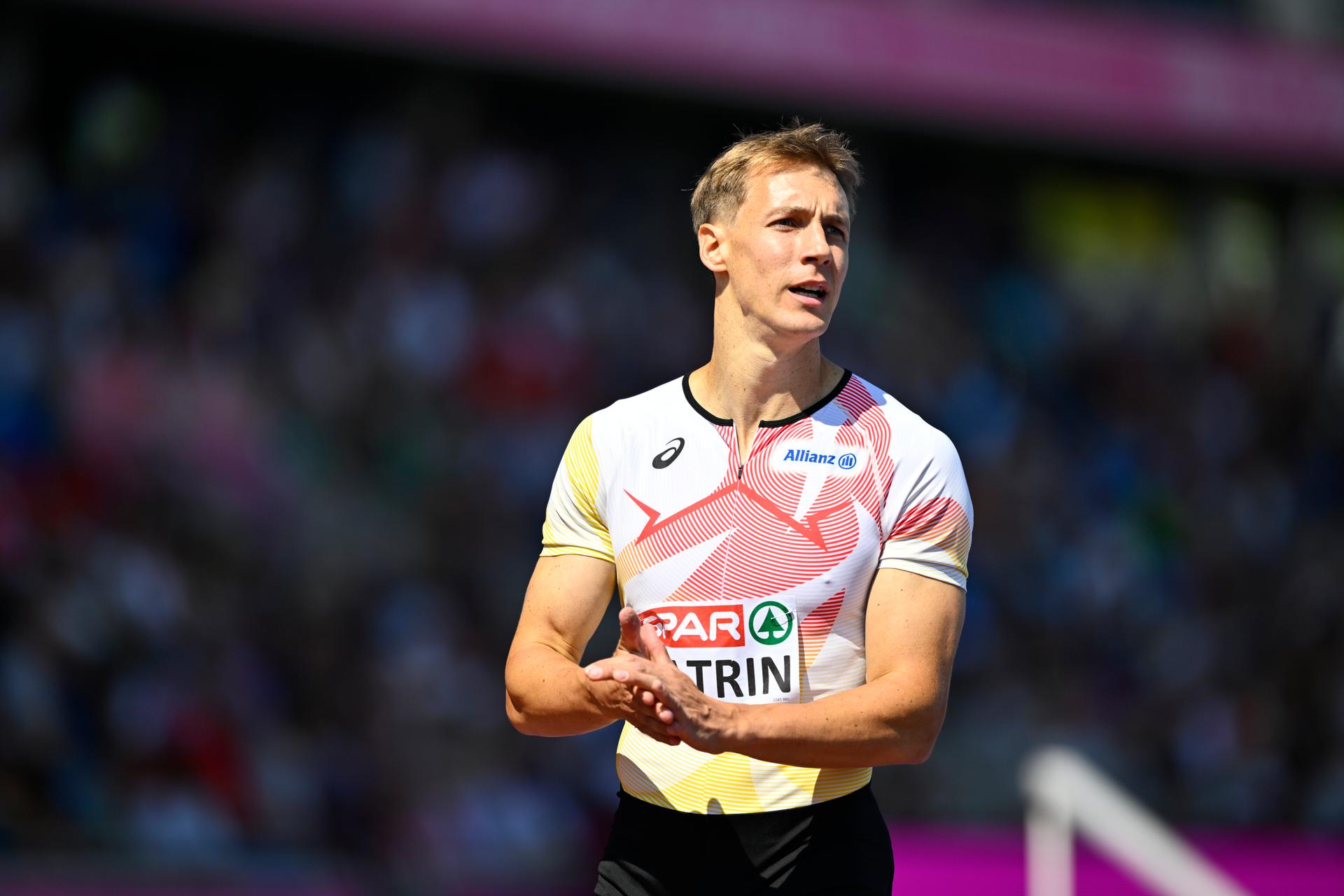 Belgian athlete Julien Watrin pictured in action during the heats in the first round of the men's 400m hurdles race, at on the second day of the European Athletics Championships (August 10-18) in Birmingham, United Kingdom, on Tuesday 11 August 2026. BELGA PHOTO ERIC LALMAND