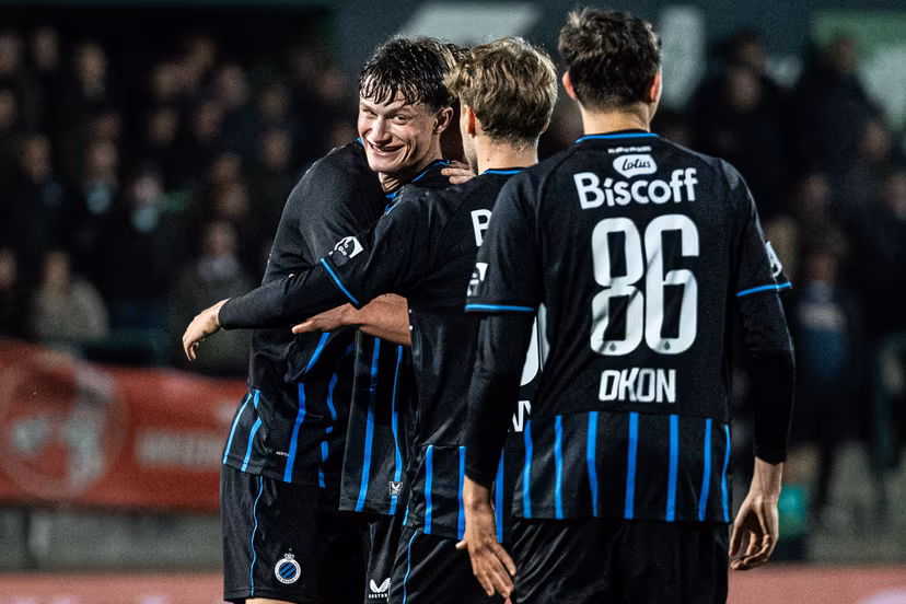 Club's Laurens Goemaere celebrates after winning a soccer game between Lommel SK and Club NXT, Saturday 11 April 2026 in Lommel, on day 33 (out of 34) of the 2025-2026 'Challenger Pro League' 1B second division of the Belgian championship. BELGA PHOTO EMILE WINDAL