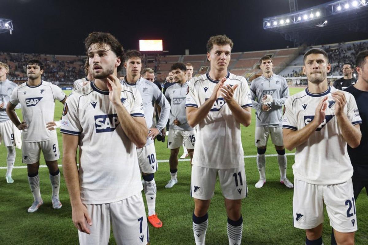 Hoffenheim's players react at the end of the UEFA Europa League first round football match between OFI Crete FC and TSG 1899 Hoffenheim at Pankritio stadium in Heraklion on September 17, 2026. Costas Metaxakis / AFP