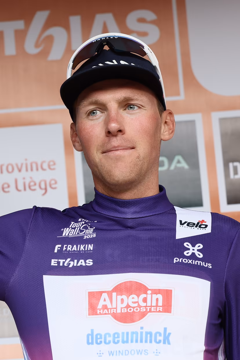 Belgian Timo Kielich of Alpecin-Deceuninck pictured on the podium after the second stage of the Tour De Wallonie cycling race, from Huy to Sambreville (153km), on Sunday 27 July 2025. BELGA PHOTO BRUNO FAHY