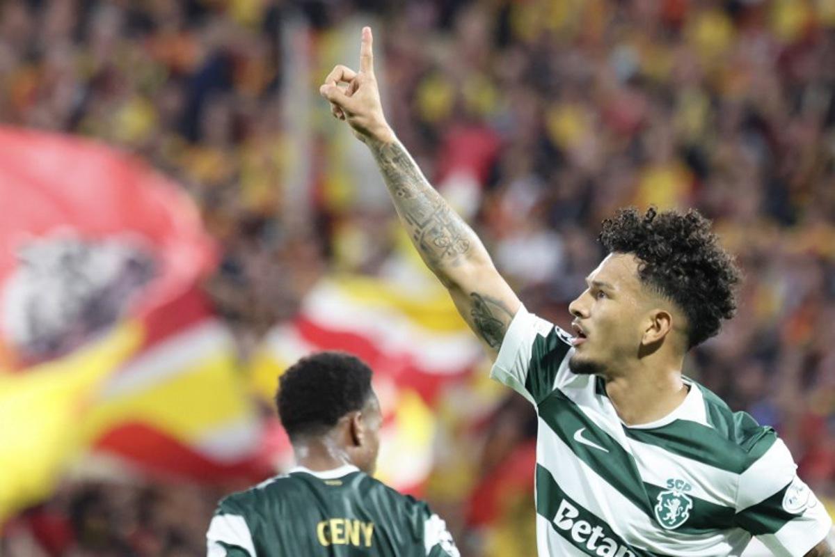 Sporting's forward #97 Luis Suarez celebrates scoring the opening goal during the UEFA Champions League, league phase matchday 2, football match between RC Lens and Sporting CP at the Stade Bollaert-Delelis in Lens, northern France, on October 13, 2026. Francois LO PRESTI / AFP