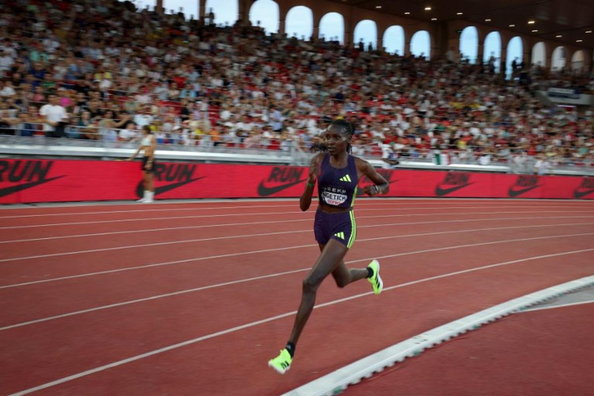 Kenya's athlete Agnes Jebet Ngetich competes in the women's 3000m during the Diamond League athletics meeting at the Stade Louis II in Monaco on July 10, 2026. Valery HACHE / AFP