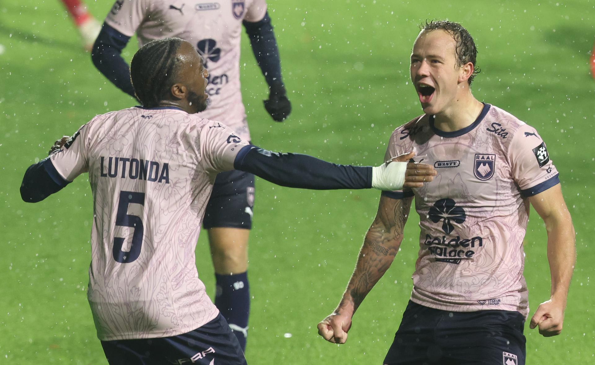 RAAL's Nolan Gillot celebrates after scoring during a soccer match between RAAL La Louviere and Zulte Waregem, Saturday 24 October 2026 in La Louviere, on day 9 of the 2026-2027 'Jupiler Pro League' first division of the Belgian championship. BELGA PHOTO VIRGINIE LEFOUR