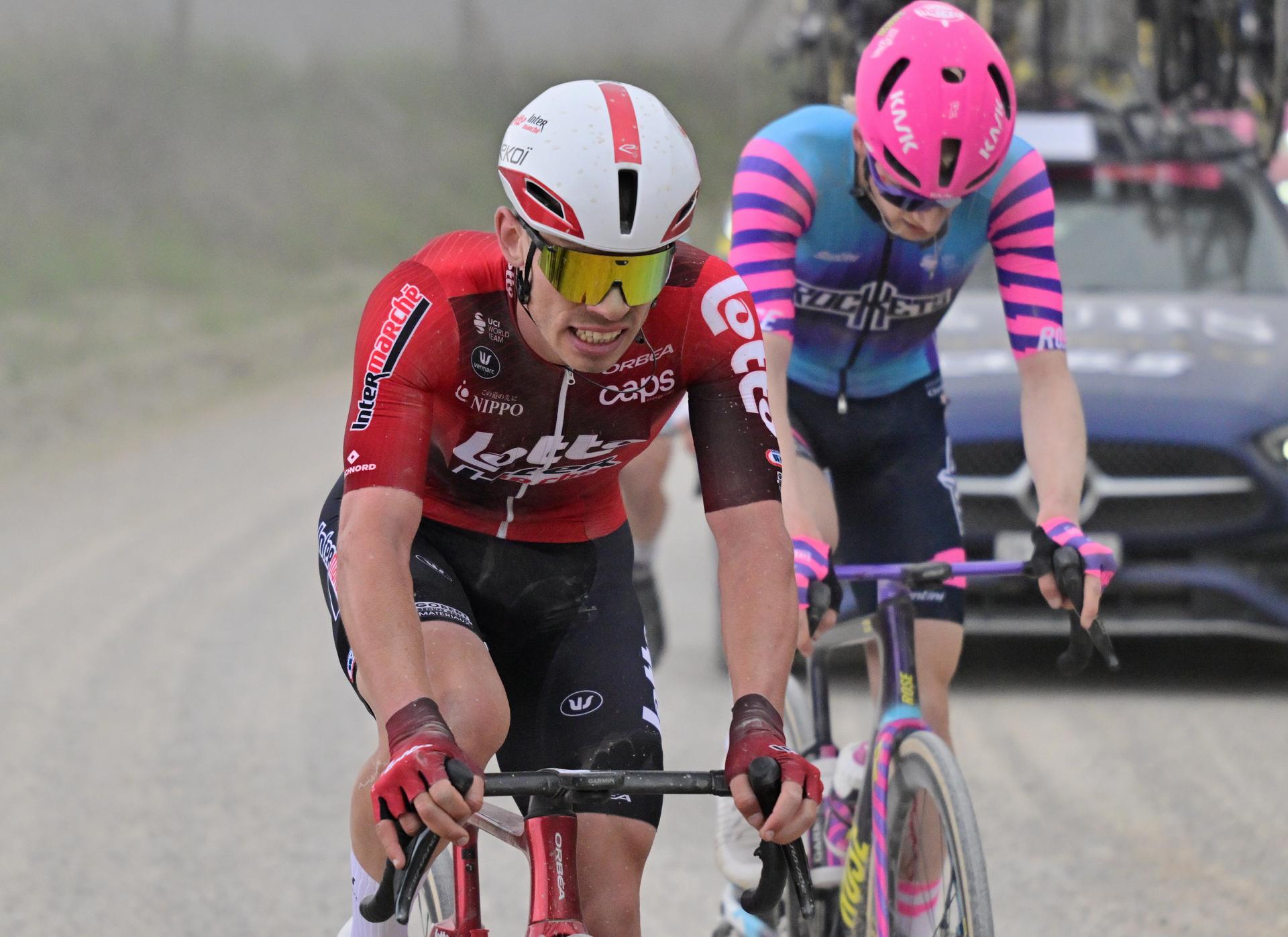 British Matthew Fox of Lotto Intermarche pictured in action during the men elite 'Strade Bianche' one day cycling race, 203km from and to Siena, Italy on Saturday 07 March 2026. BELGA PHOTO DIRK WAEM