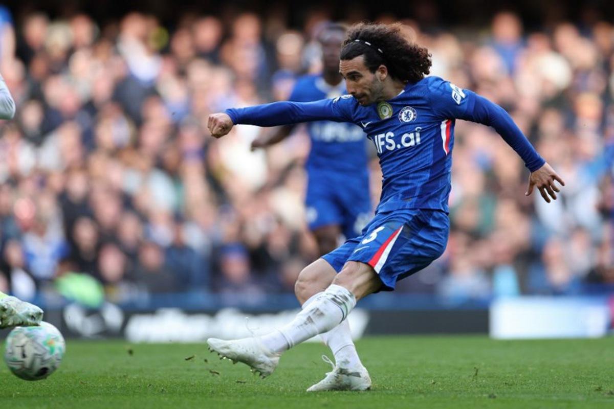 Chelsea's Spanish defender #03 Marc Cucurella shoots but the shot goes wide during the English Premier League football match between Chelsea and Manchester City at Stamford Bridge in London on April 12, 2026. Adrian Dennis / AFP