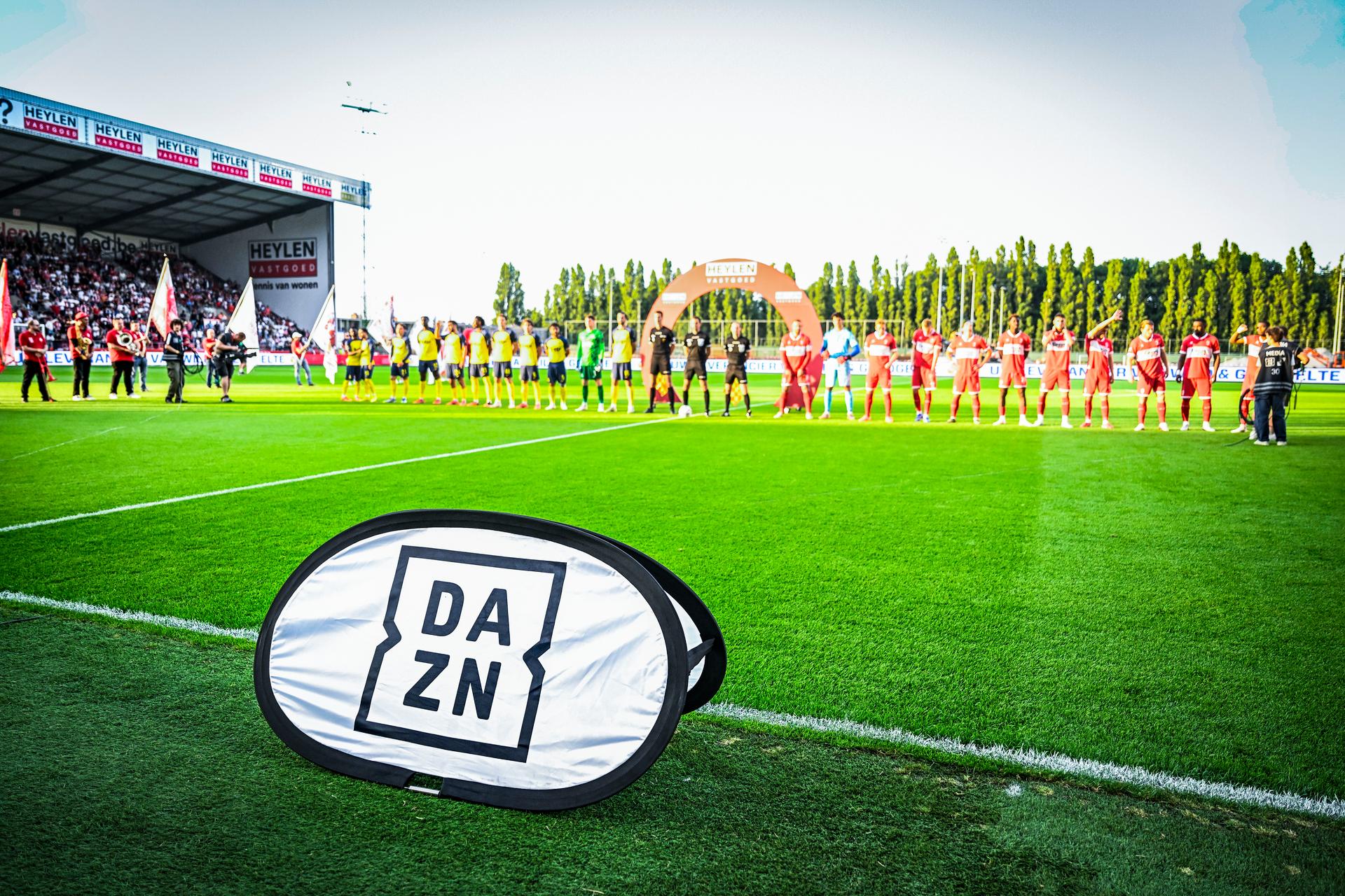 a DAZN logo pictured at a soccer match between Royal Antwerp FC and Royale Union Saint-Gilloise, Friday 25 July 2025 in Brussels, on day 1 of the 2025-2026 'Jupiler Pro League' first division of the Belgian championship. BELGA PHOTO TOM GOYVAERTS