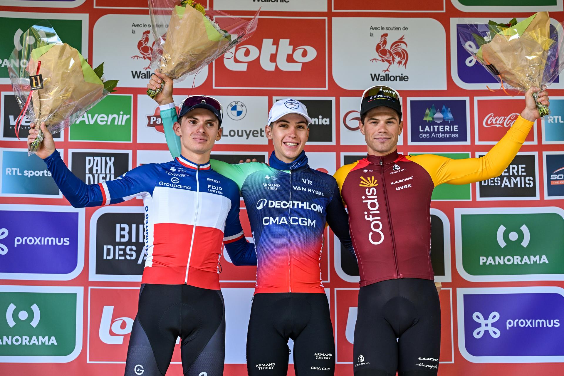 French Romain Gregoire of Groupama-FDJ United, French Aubin Sparfel of SDecathlon CGM CMA and Belgian Milan Fretin of Cofidis pictured on the podium after the one day cycling race Grand Prix de Wallonie 2026 (196,8 km), in Namur, on Wednesday 16 September 2026. BELGA PHOTO DAVID PINTENS