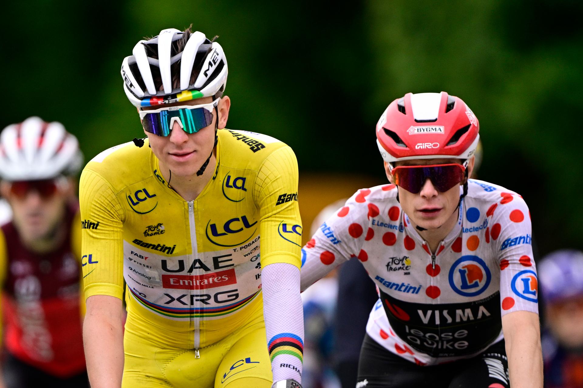 Slovenian Tadej Pogacar of UAE Team Emirates and Danish Jonas Vingegaard Hansen of Team Visma-Lease a Bike cross the finish line of stage 20 of the 2025 Tour de France cycling race, from Nantua to Montpellier (185km), on Saturday 26 July 2025 in France. The 112th edition of the Tour de France starts on Saturday 5 July in Lille, France, and will finish in Paris, France on the 27th of July. BELGA PHOTO DIRK WAEM